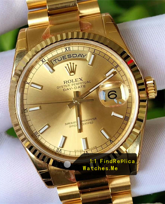 President Super Clone 36 Day-Date 18038 Yellow Gold with Champagne Stick Dial 