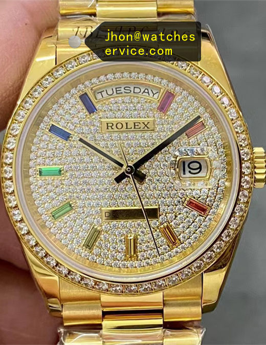 Baguette Diamond-Paved Rainbow Sapphire Yellow Gold Super Clone 36-Day-Date 128345