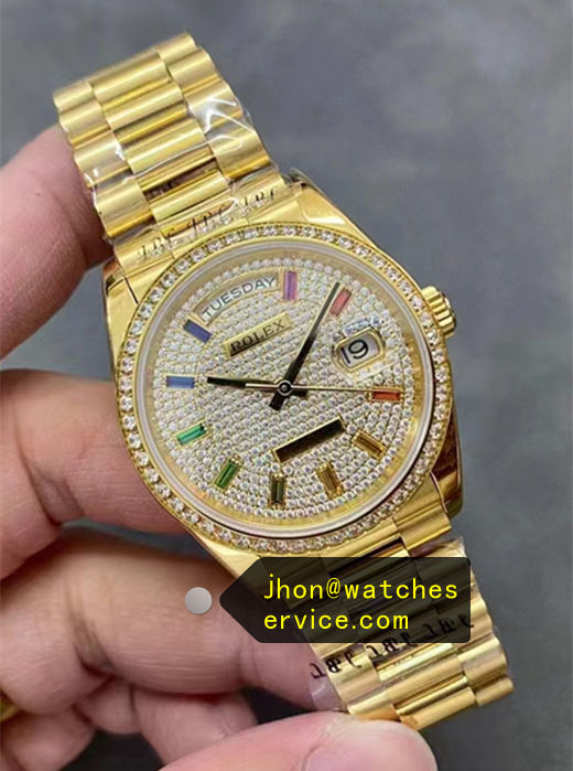 Baguette Diamond-Paved Rainbow Sapphire Yellow Gold Super Clone 36-Day-Date 128345
